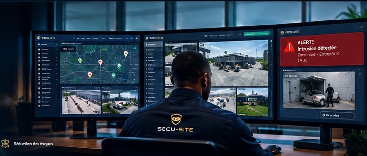 Opérateur devant la console de supervision SECU-SITE : carte des sites et alerte d'intrusion